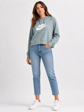 Nike Sportswear Essential Cropped Hoodie Diffused Blue Spellout Women’s Large